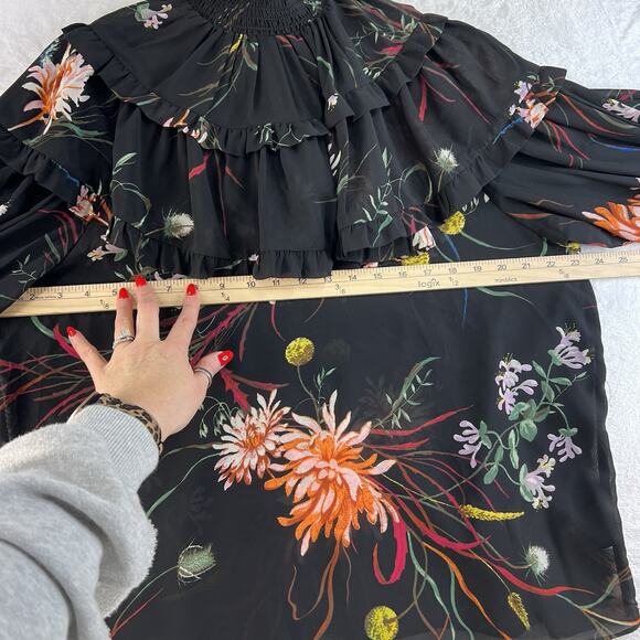H&M Medium M Frill Ruffle Trimmed Chiffon Blouse Black Floral Smocked High Neck - Picture 11 of 16